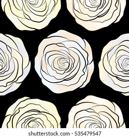 Vector illustration. Beautiful rose flowers in beige, neutral and white colors on a black background. Stylized roses seamless pattern.