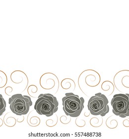 Vector illustration. Beautiful rose flowers in green and orange colors with copy space (place for your text). Horizontal stylized roses seamless pattern.