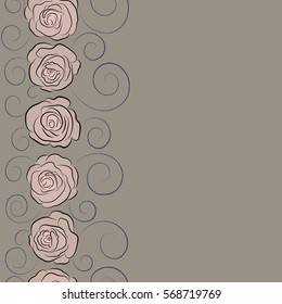 Vector illustration. Beautiful rose flowers in blue, gray and neutral colors with copy space (place for your text). Vertical stylized roses seamless pattern.