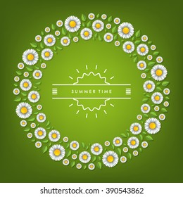 Vector illustration. Beautiful round frame of daisies. For advertising, poster, banner, web and flyer. Green color.