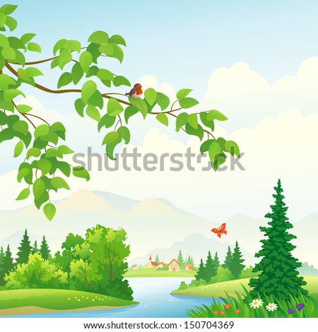 Vector illustration of a beautiful rural alpine landscape with a leafy branch