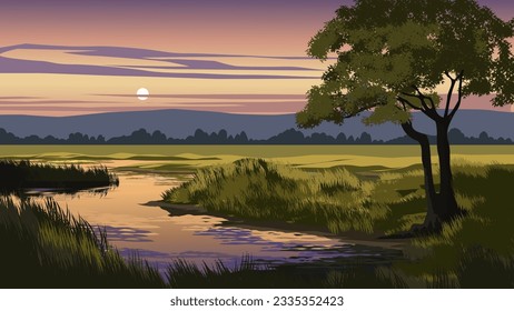 Vector illustration of beautiful rural countryside at sunset with river