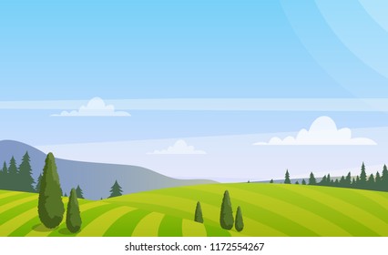 Vector illustration of beautiful rural landscape with trees on the field, colorful summer countryside landscape in flat style.