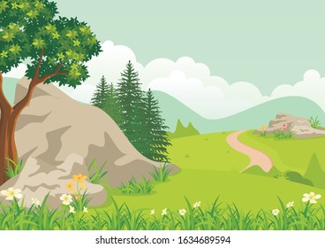 Vector illustration of a beautiful Rural landscape with road, rocky terrain and meadows