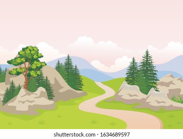 Vector illustration of a beautiful Rural landscape with road, rocky terrain and meadows