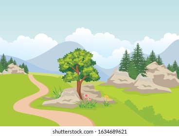 Vector illustration of a beautiful Rural landscape with road, rocky terrain and meadows