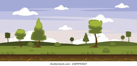 Vektorgrafik einer wunderschönen Landschaft. Cartoon-Szene einer wunderbaren Landschaft mit Himmel und Wolken, grünen Wiesen, Bäumen, Büschen, Gras und geknackte Erde. Landschaft für das Spiel.