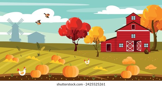 Vector illustration of a beautiful rural landscape with a farm. Autumn landscape with farmhouse, colorful trees, flower beds, with ears of corn, pumpkins, chickens, birds, mill silhouettes.