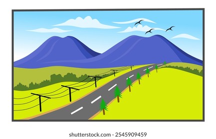 Vector illustration of a beautiful rural road scenery crossing green fields with mountains in the background, power lines on the side of the road and birds flying in the blue sky.