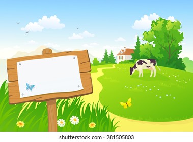 Vector illustration of a beautiful rural scene and a wooden sign with copy space