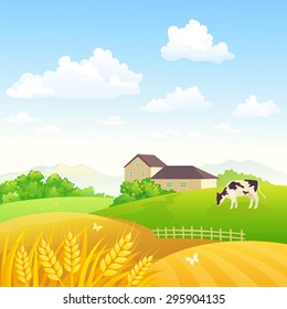 Vector illustration of a beautiful rural scenery with a farmhouse and wheat fields, square view