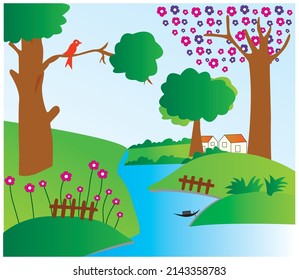 Vector illustration of a beautiful rural Village landscape with a River