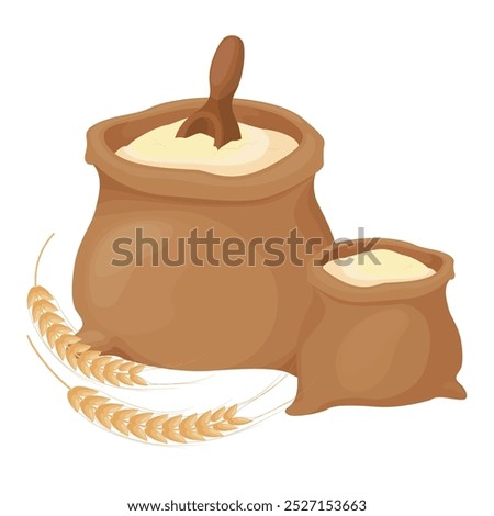 Vector illustration of beautiful sacks of flour. Cartoon scene of canvas bags with flour, spatula, ears of wheat with grains isolated on white background. Flour for making bakery products. Baking.