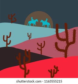 Vector illustration. Beautiful sand dunes in the Sahara desert. Illustration on red, green and pink colors.