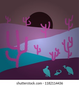 Vector illustration. Beautiful sand dunes in the Sahara desert. Illustration on pink, blue and violet colors.
