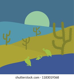 Vector illustration. Beautiful sand dunes in the Sahara desert. Illustration on blue, yellow and violet colors.