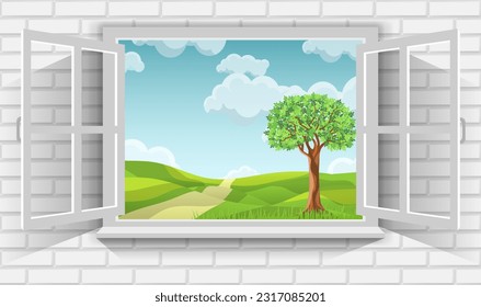 Vector illustration of beautiful scenery of green fields in countryside through view of open window.