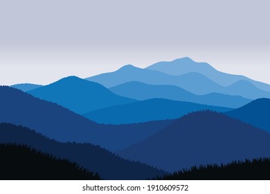 Vector illustration of beautiful scenery mountains in dark blue gradient color