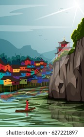 vector illustration of beautiful scenic landscape of rural China