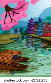 vector illustration of beautiful scenic landscape of rural China