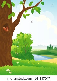 Vector illustration of a beautiful scenic with an oak tree