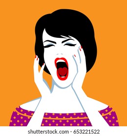 Vector illustration of beautiful screaming woman