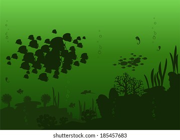 Vector illustration of beautiful of sea fishes on a bright green background with algae and stones