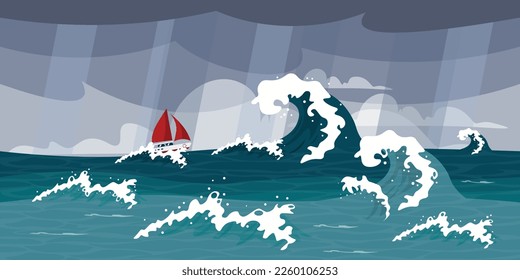 Vector illustration of a beautiful sea storm landscape. A cartoon seascape with a gray sky, rain, big waves and a ship with red sails. A ship on the crest of a sea wave.