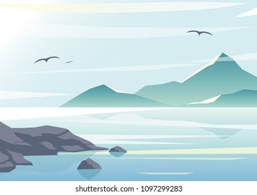 Vector illustration of beautiful sea view, water of the ocean, rocks on the beach, mountains and sky background in pastel colors and flat design.