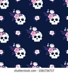 Vector illustration of beautiful seamless pattern with cartoon skull with cute white and pink flowers isolated on dark blue background, funny texture for Halloween party, fashion design, paper, fabric