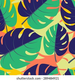 Vector illustration Beautiful seamless tropical jungle floral graphic seamless background pattern with palm leaves