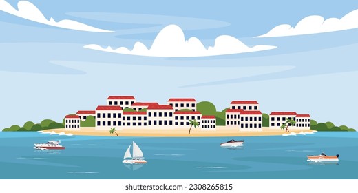 Vector illustration of a beautiful seascape. Cartoon scene of a summer landscape with clouds, houses with greenery, a beach with palm trees, a sea with yachts and sailboats. Panoramic landscape.