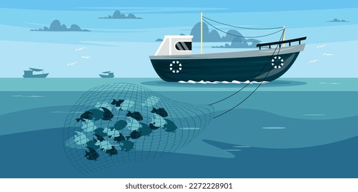 Vector illustration of a beautiful seascape with a fishing vessel and silhouettes of ships on the horizon. A cartoon sea with a ship that catches fish with a net. An industrial vessel catches fish.