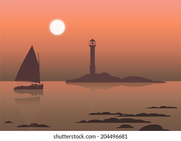 Vector illustration of beautiful seascape with lighthouse and sailboat