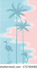 Vector illustration of a beautiful seascape with a palm trees and flamingos.