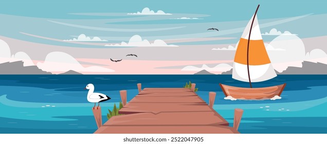 Ilustração vetorial de uma bela paisagem do mar com um pier.Cartoon cena do mar, uma ponte de madeira, um barco com uma vela, gaivotas estão voando, rochas no horizonte, o céu é azul com sombras cor-de-rosa, nuvens brancas.