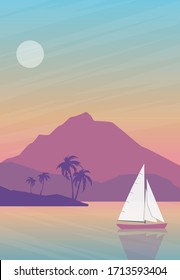 Vector illustration of a beautiful seascape with a sailboat, mountains and palm trees.