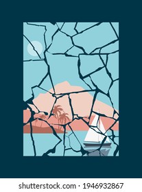 Vector illustration of a beautiful seascape with a sailboat, mountains and palm trees.Typography for abstract printing T-shirts.