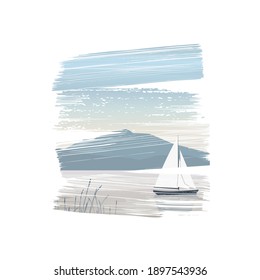 Vector illustration of a beautiful seascape with a sailboat.Typography for printing T-shirts.