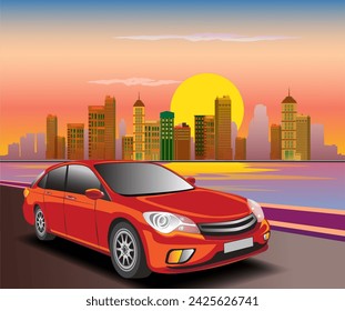 Vector illustration of a beautiful seaside road view with cars driving past.