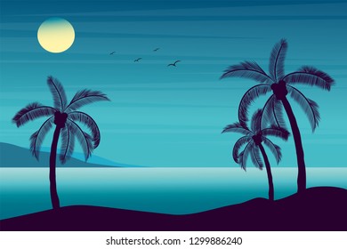 Vector illustration of beautiful seaside tropical landscape. Summer paradise. Sunny summer with sea and silhouettes palm trees , birds, mountains in flat cartoon style.
