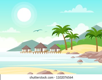 Vector illustration of beautiful seaside with villas. Tropical palm trees, hotel on the ocean beach in flat style, vocation concept.