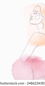 Vector illustration of beautiful seductive naked woman, profile view, continuous line drawing art against watercolor background