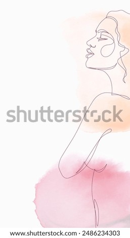 Vector illustration of beautiful seductive naked woman, profile view, continuous line drawing art against watercolor background