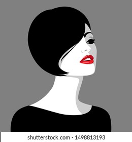 Vector illustration of beautiful self-confident young woman with full red lips and asymmetric haircut wearing black dress