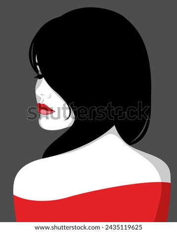 Vector illustration of beautiful sensual young woman with full red lips and long black hair, looking down over her shoulder against dark background