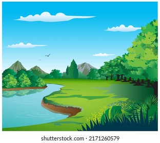 Vector illustration of a beautiful serene forest and river view.