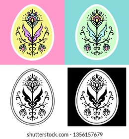 Vector illustration. Beautiful set with easter eggs. Black and white graphics. Black graphics with color filling in delicate color. Without background. EPS.