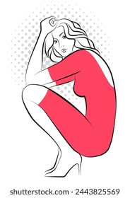 Vektor-Illustration der schönen sexy kauernden jungen Frau mit welligen Haaren, die rotes Kleid und hochhackige Schuhe trägt, isoliert auf weißem Hintergrund, Profil