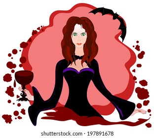 Vector illustration with beautiful sexy vampire girl holding a cup of blood. You can use it a Halloween background. 